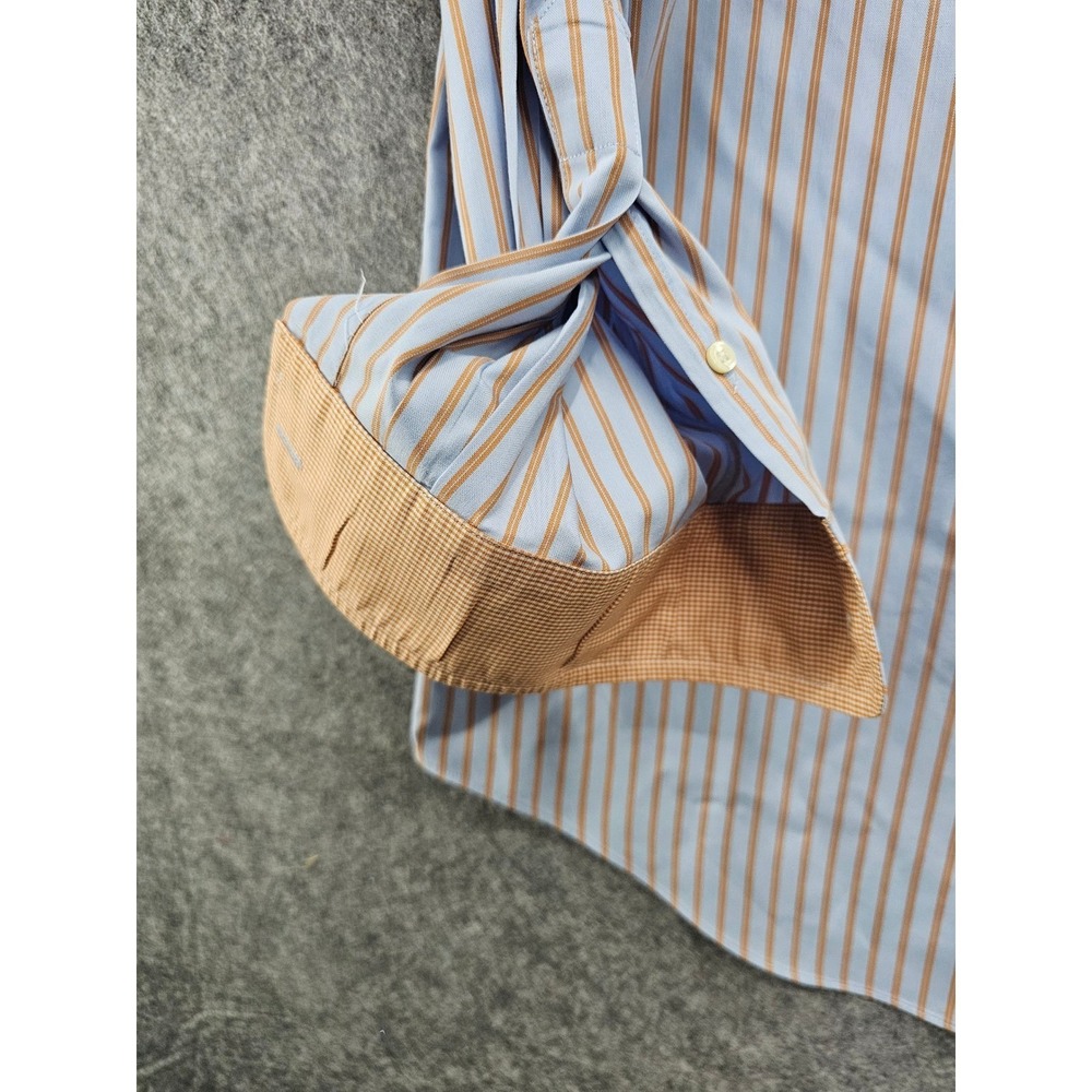 Paul Fredrick Mens Blue Orange Striped Non-Iron Cotton Dress Shirt 17.5-35 - Picture 9 of 9